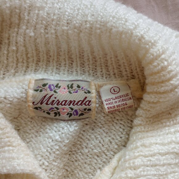 Authentic Vintage 80s Preppy White Cable Knit Collared Sweater Miranda - Picture 2 of 8